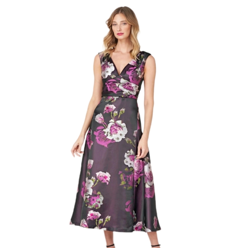 KAY UNGER VIVIANNE FLORAL JACQUARD MIDI V NECK FLARE DRESS SIZE 10 NEW